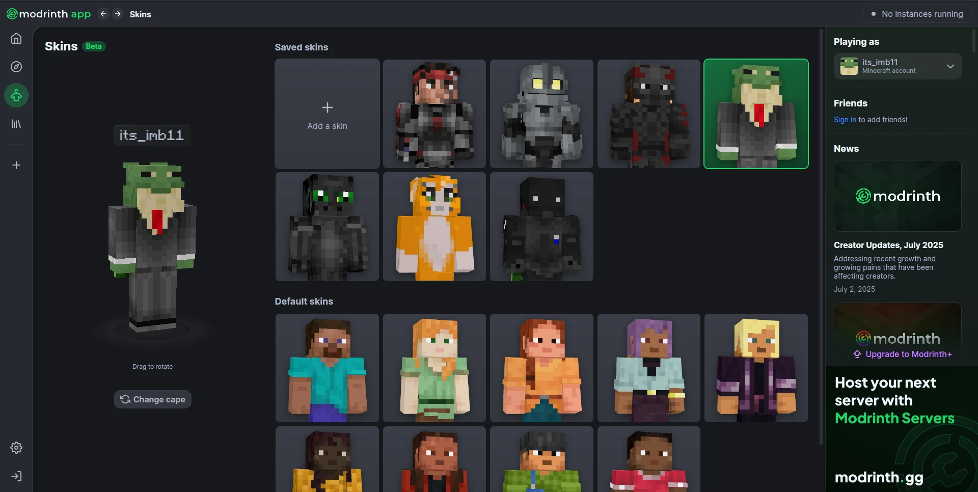 The new skins page, featuring a cute animated player model, your custom skins & default skins.
